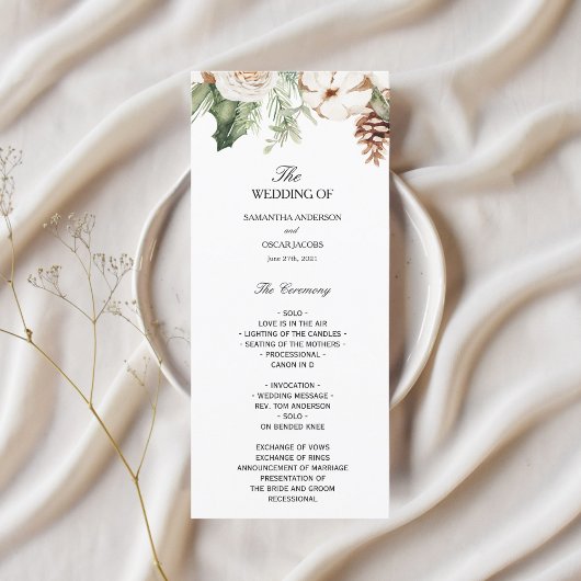Menu Aquarelle Arbre de pin vert d'hiver et fleurs blan