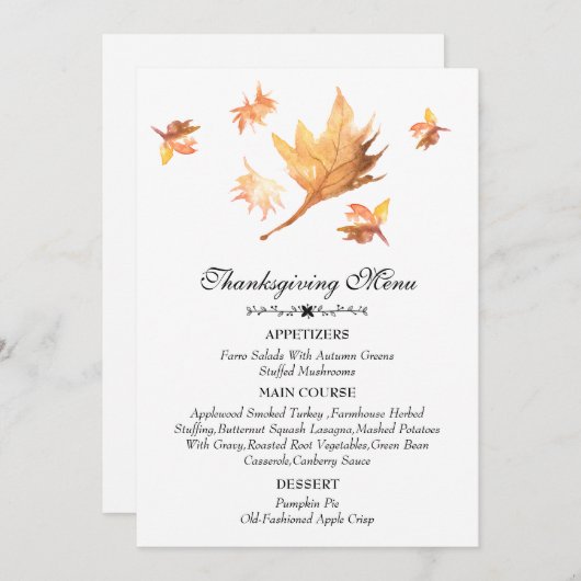 Menu Aquarelle Automne Maple Feuilles Thankgiving (Devant / Derrière)
