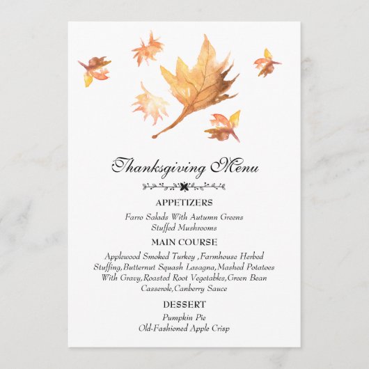 Menu Aquarelle Automne Maple Feuilles Thankgiving (Devant)