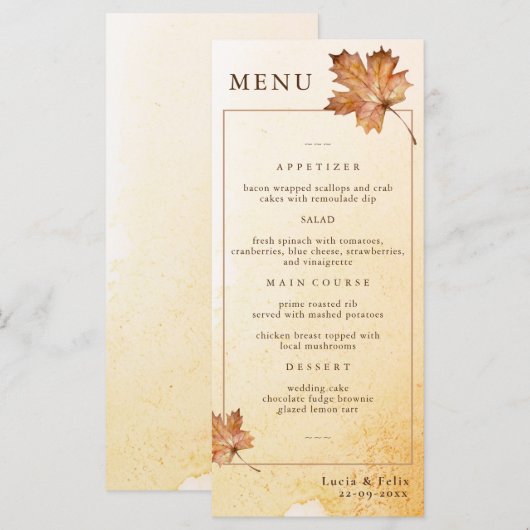 Menu Aquarelle Automne Maple Leaf Dîner Mariage (Devant / Derrière)