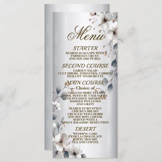 Menu Aquarelle Blanc Fleur Or Frère Argent Dîner (Devant / Derrière)
