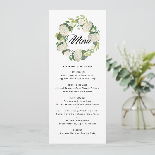 Menu Aquarelle Blanc Hydrangea Fleurs Mariage de couron (Debout devant)