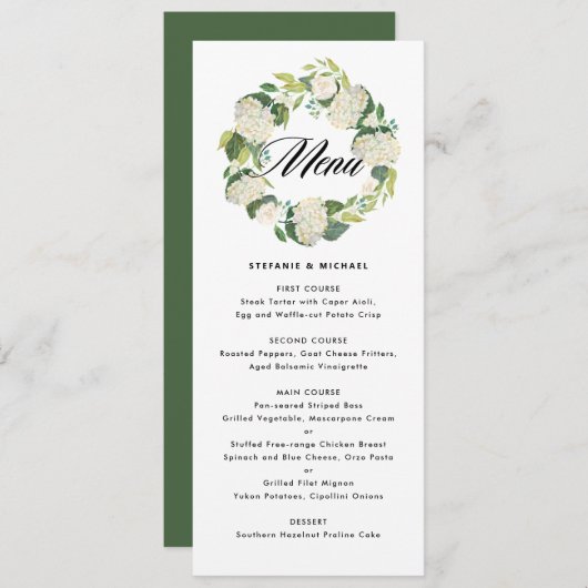 Menu Aquarelle Blanc Hydrangea Fleurs Mariage de couron (Devant / Derrière)