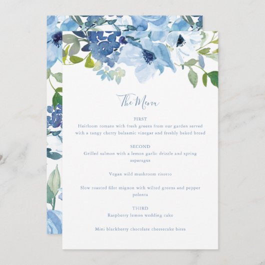 Menu Aquarelle Bleu Clair Chic Script Floral Custom (Devant / Derrière)