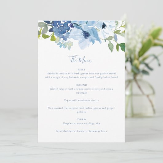 Menu Aquarelle Bleu Clair Chic Script Floral Custom (Debout devant)