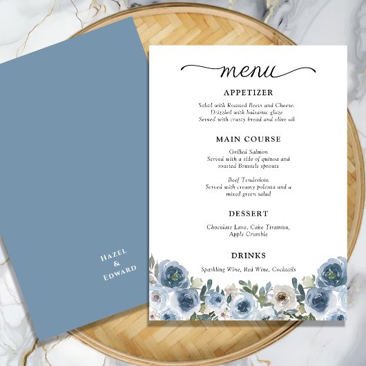 Menu Aquarelle bleu clair classique Mariage floral