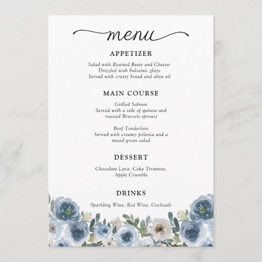 Menu Aquarelle bleu clair classique Mariage floral (Devant)