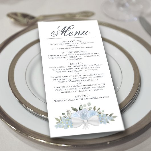 Menu Aquarelle bleu Dusty Floral Mariage élégant