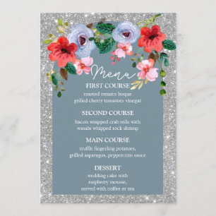 Menu Aquarelle bleu Dusty Parties scintillant argent Ar