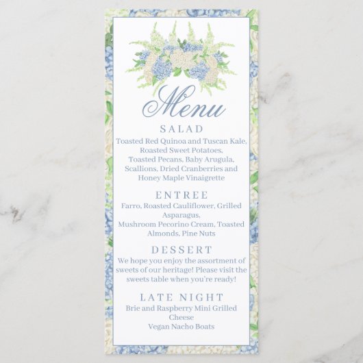 Menu Aquarelle Bleu et Blanc Hydrangea Crest (Devant)