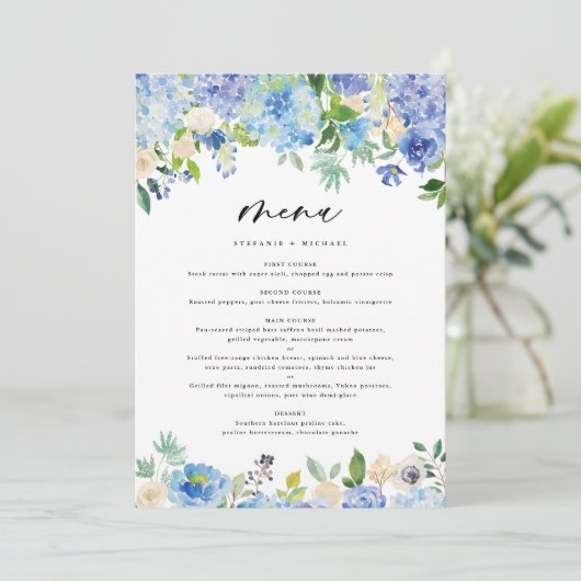 Menu Aquarelle bleu Hydrangea Garland Mariage (Debout devant)
