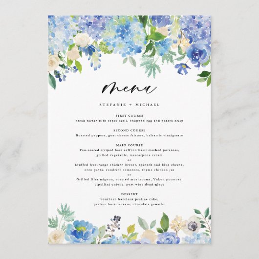 Menu Aquarelle bleu Hydrangea Garland Mariage (Devant)