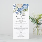 Menu Aquarelle bleu Hydrangea Roses blanches Mariage (Debout devant)