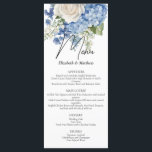 Menu Aquarelle bleu Hydrangea Roses blanches Mariage<br><div class="desc">Elégant design floral mariage avec des arrangements floraux aquarellés de fleurs d'hydrangée bleue,  de verdure et de roses blanches.</div>