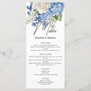 Menu Aquarelle bleu Hydrangea Roses blanches Mariage