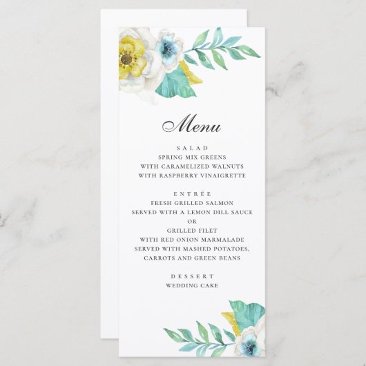 Menu Aquarelle bleu jaune et menthe mariage (Devant / Derrière)