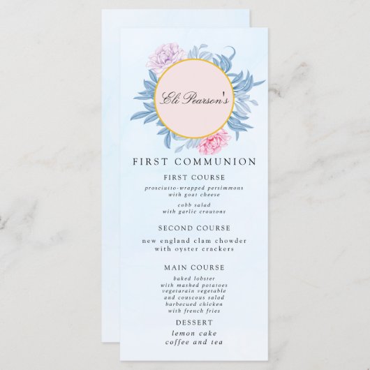 Menu Aquarelle bleu poussiéreuse Première communion Suc (Devant / Derrière)