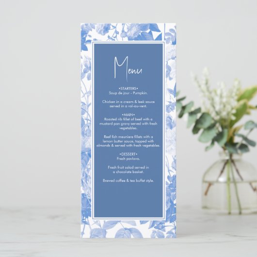 Menu Aquarelle bleue Mariage de fleurs botaniques (Debout devant)