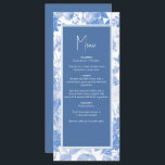 Menu Aquarelle bleue Mariage de fleurs botaniques<br><div class="desc">Ce design présente de belles illustrations bleues de fleurs vintages du jardin botanique. Le texte mariage est encadré d'un cadre bleu correspondant. Ce design floral bleu crée une atmosphère rustique et fleurie de jardin de campagne. Design élégant de menu de mariage avec des éléments modernes. Des invitations de mariage et...</div>