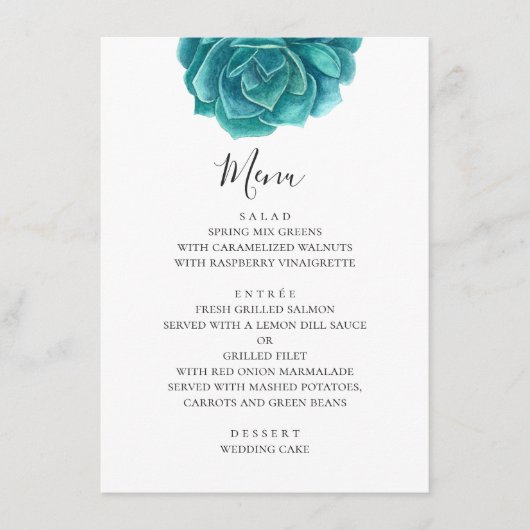 Menu Aquarelle bleue succulente. Mariage sarcelle. Bota (Devant)