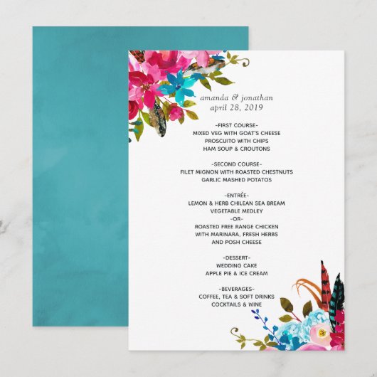 Menu Aquarelle Boho Chic Floral Mariage (Devant / Derrière)