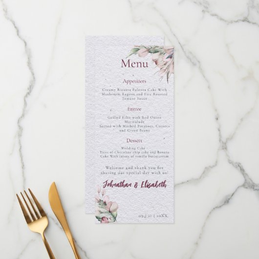 Menu Aquarelle Boho Floral et Mariage botanique (Devant/Arrière en situation)