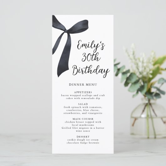 Menu Aquarelle Bow Noir Anniversaire Dîner (Debout devant)