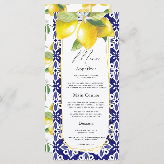 Menu Aquarelle Citron Méditerranée Carrelage bleu (Devant / Derrière)