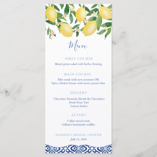 Menu Aquarelle Citrons Bleu Carreaux Blancs Baby shower (Devant)