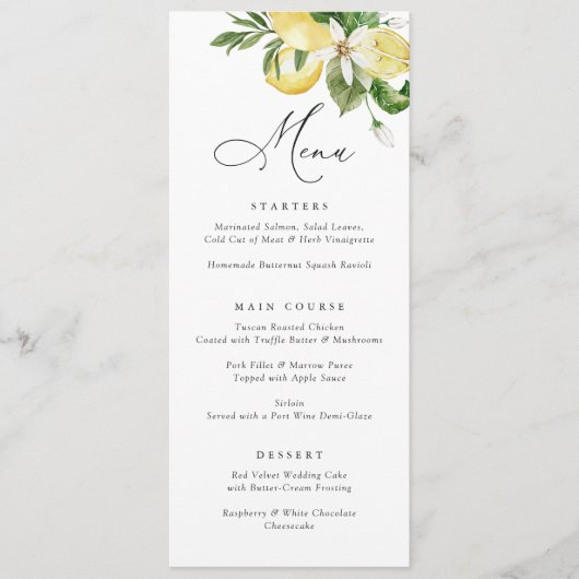 Menu Aquarelle Citrons Citrus Mariage de script moderne (Devant)