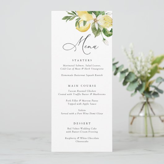 Menu Aquarelle Citrons Citrus Mariage de script moderne (Debout devant)