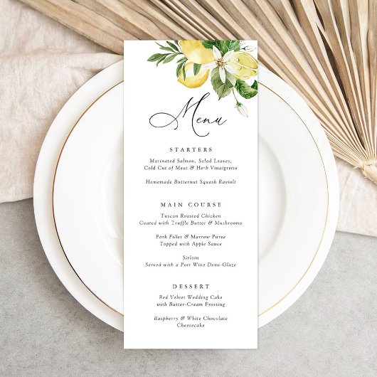 Menu Aquarelle Citrons Citrus Mariage de script moderne
