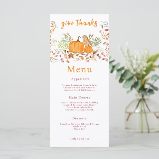 Menu Aquarelle Citrouille & Chouette En Automne (Debout devant)