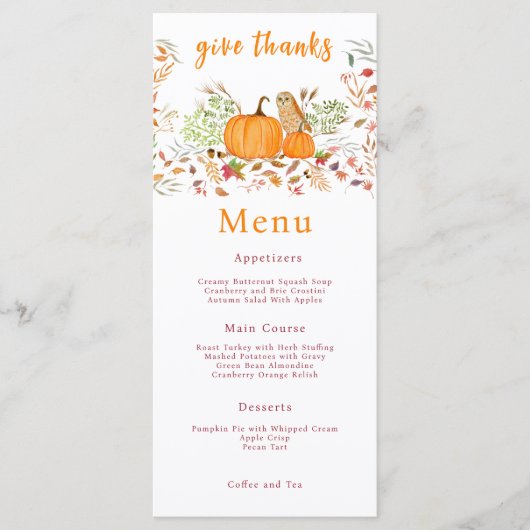 Menu Aquarelle Citrouille & Chouette En Automne (Devant)