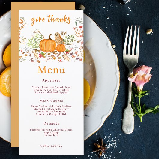 Menu Aquarelle Citrouille & Chouette En Automne