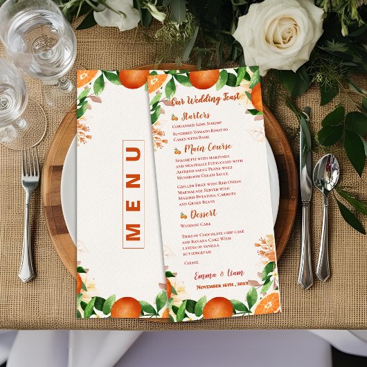 Menu Aquarelle Citrus Orange Mariage Dîner de réception
