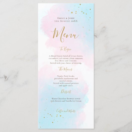 Menu Aquarelle couleur bleu rose blanc Mariage doré (Devant)