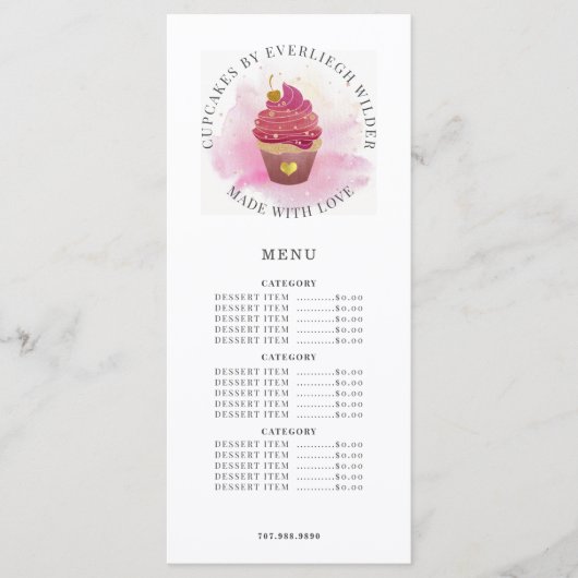 Menu Aquarelle Cupcake boulangerie pâtisserie Chef (Devant)