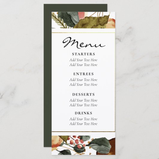 Menu Aquarelle d'automne Floral Rustique Mariage vert f (Devant / Derrière)