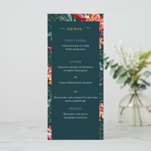 Menu Aquarelle de corail bleu Floral Mariage élégant (Debout devant)