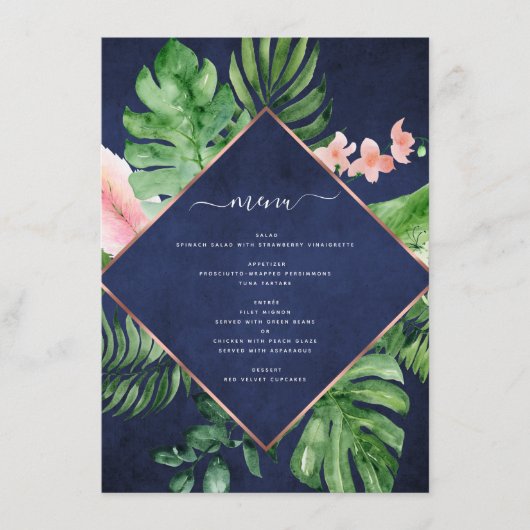 Menu Aquarelle de palme tropicale Mariage bleu marine (Devant)