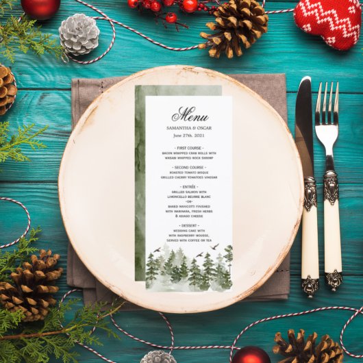 Menu Aquarelle d'hiver moderne Forêt verte avec neige