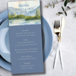 Menu Aquarelle du lac Mountain Mariage bleu Dusty<br><div class="desc">Menu mariage de montagne avec aquarelle pittoresque dans les tons bleu et vert poussiéreux. Le paysage au bord du lac comprend des montagnes, de la verdure et des pins, le lac et un ciel clair. Les plats et les menus sont entièrement modifiables. Si vous souhaitez faire correspondre des produits, veuillez...</div>