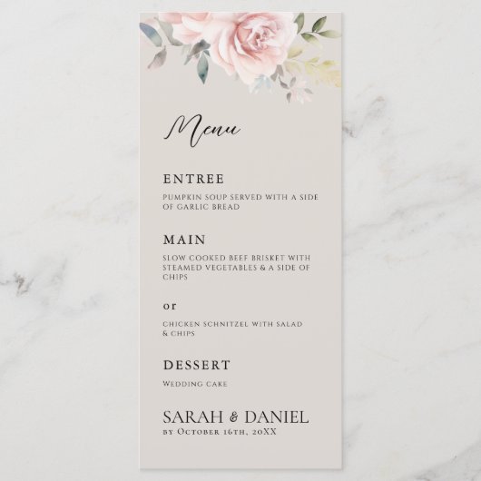 Menu Aquarelle Dusty Rose rose Mariage (Devant)
