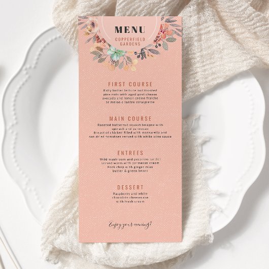 Menu Aquarelle en cuivre rose pâle Floral Chic Mariage