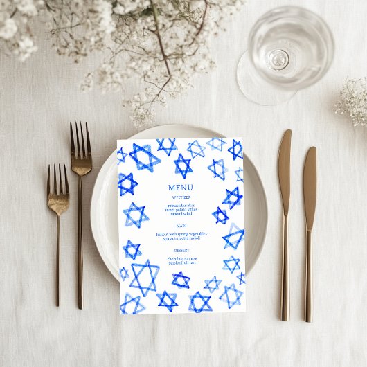 Menu Aquarelle Étoile de David Bar Mitzvah Bleue