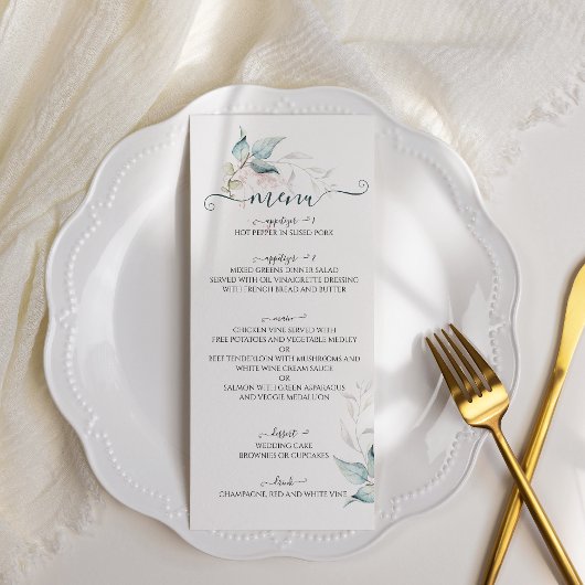 Menu aquarelle eucalyptus vert sauge avec rose