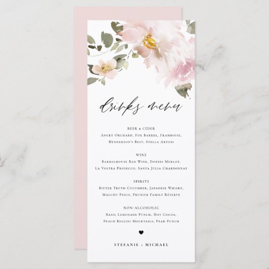 Menu Aquarelle féminine Fleurs blanches Boissons Mariag (Devant / Derrière)