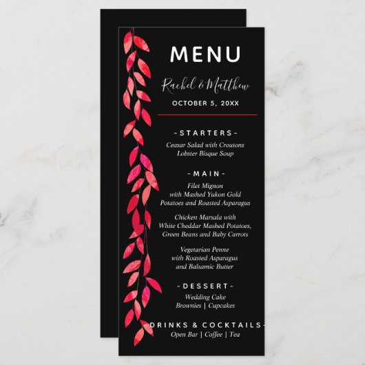 Menu Aquarelle Feuille rose chaud sur Mariage noir (Devant / Derrière)