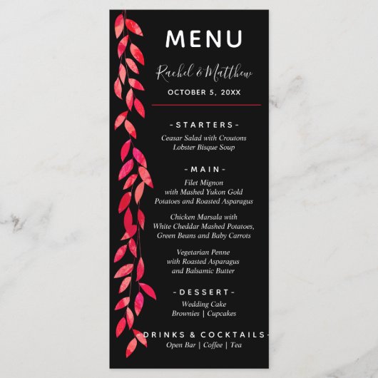 Menu Aquarelle Feuille rose chaud sur Mariage noir (Devant)